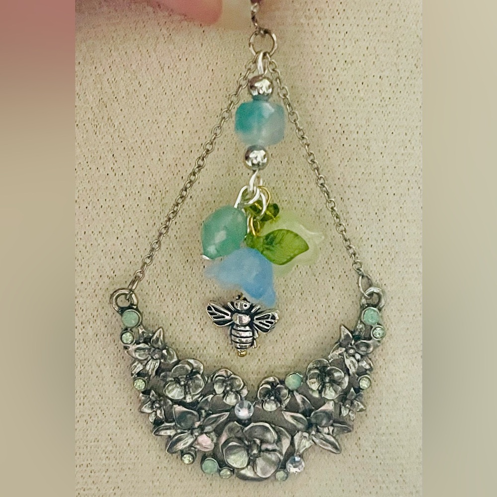 Vintage Upcycled Floral Silver Green and Blue Dangle Earrings - Picture 1 of 10